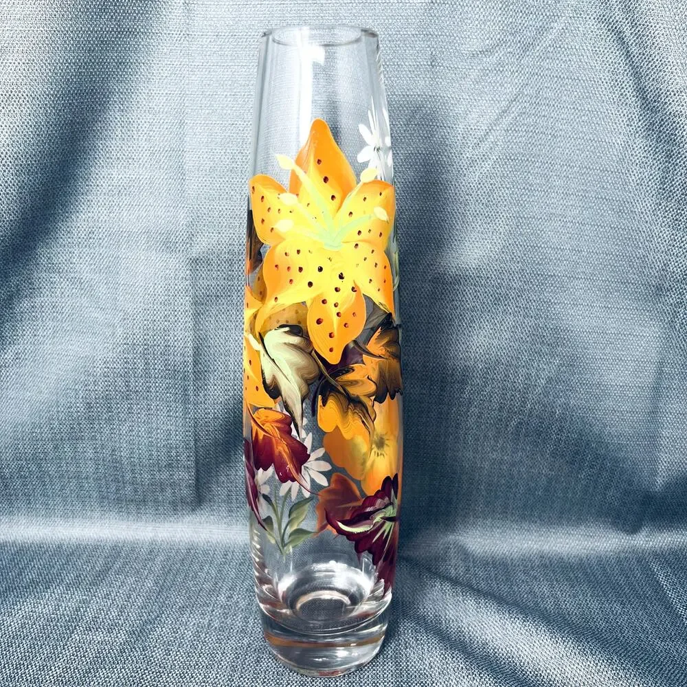 Hand painted Flower Art Glass Vase Fall Leaves Thanksgiving Halloween Home Decor